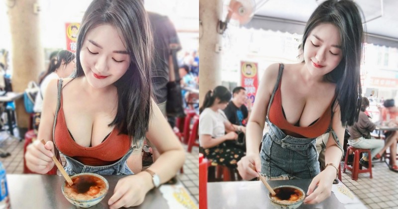 【捕鱼王】好深的碗粿！「白嫩巨乳妹」台南夜市吃美食，彎腰「溢奶畫面」讓網友大喊：太深啦！