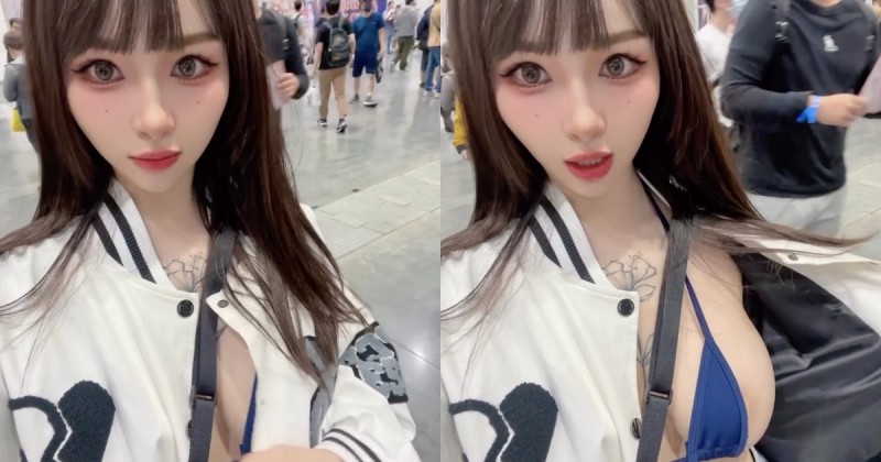 【捕鱼王】正妹路人在TRE偷掀外套露「比基尼雪乳」!超迷你布料疑似露出淺色暈暈!