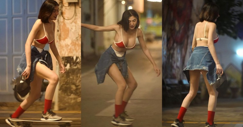 【捕鱼王】「 短髮巨乳正妹」深夜街頭溜滑板！超清涼爆乳內衣＋小熱褲，滑到哪都搶眼！